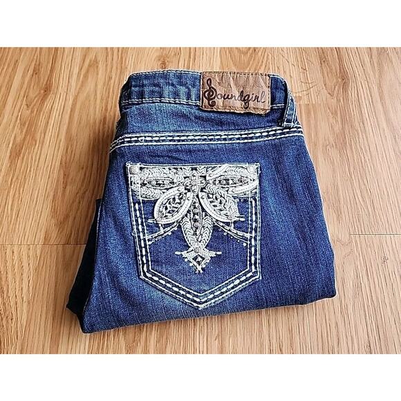 Soundgirl Denim Capri Jeans Sz 5 Embroidered Rhinestones Thick Stitch Distressed - Picture 1 of 12